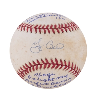 Don Larsen and Yogi Berra Dual Signed and Heavily Inscribed OML Baseball with Full Perfect Game Box Score (JSA)